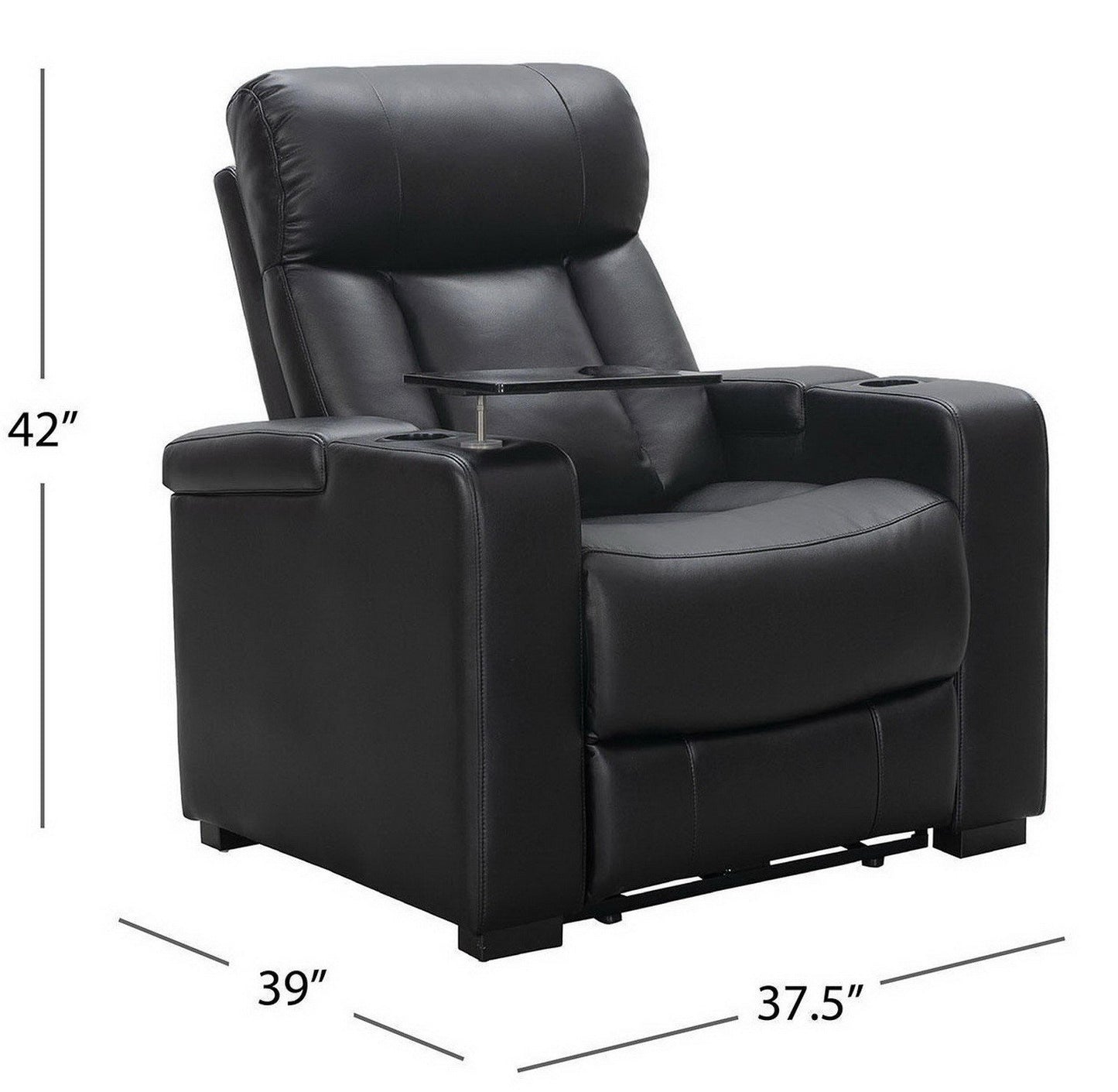 Reclining Home Theater Chair Black Bonded Leather Recliner Cup Holder Tray Table