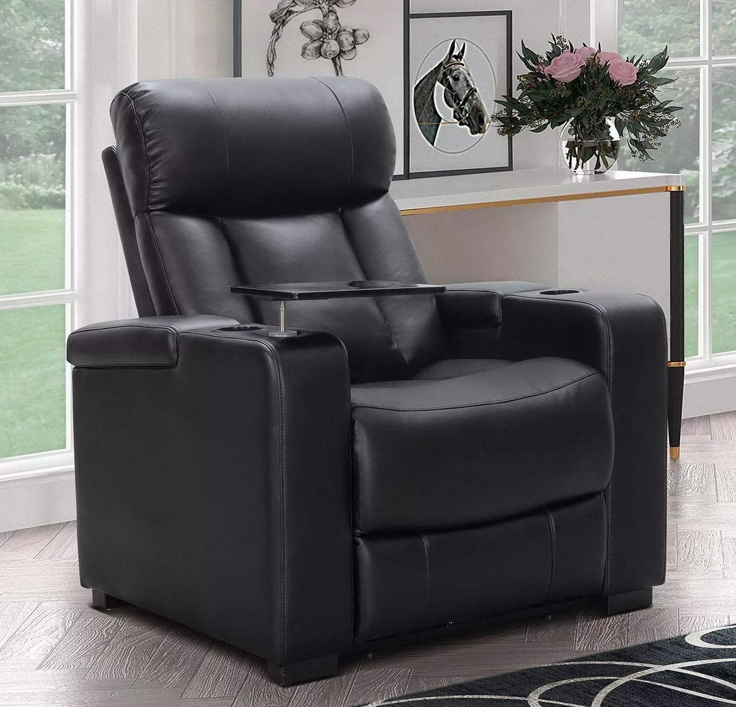 Reclining Home Theater Chair Black Bonded Leather Recliner Cup Holder Tray Table