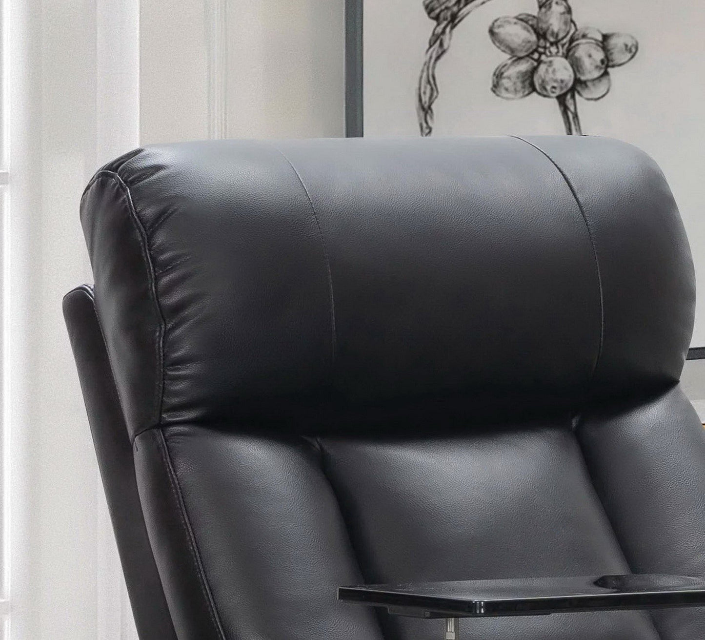 Reclining Home Theater Chair Black Bonded Leather Recliner Cup Holder Tray Table