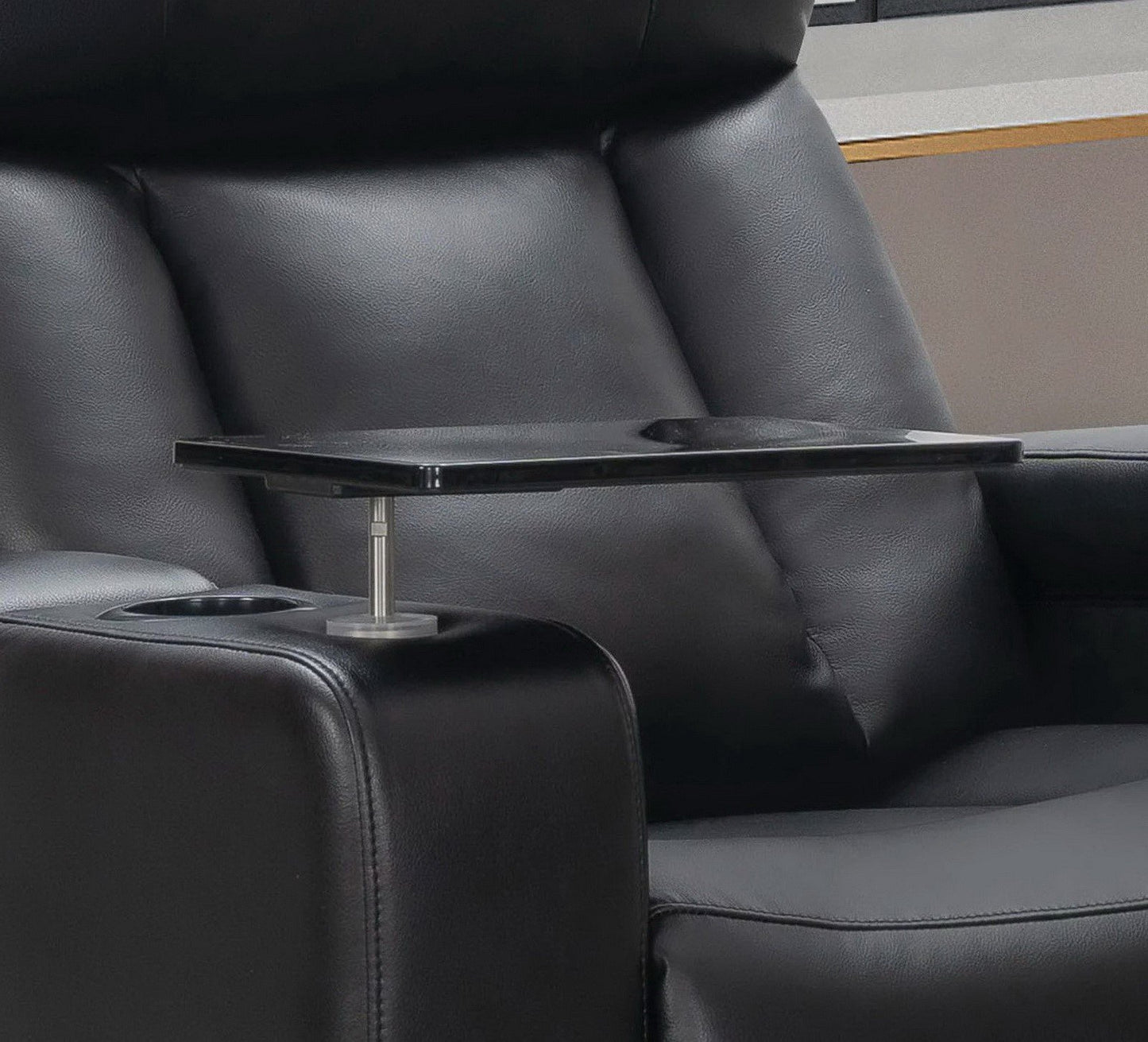 Reclining Home Theater Chair Black Bonded Leather Recliner Cup Holder Tray Table