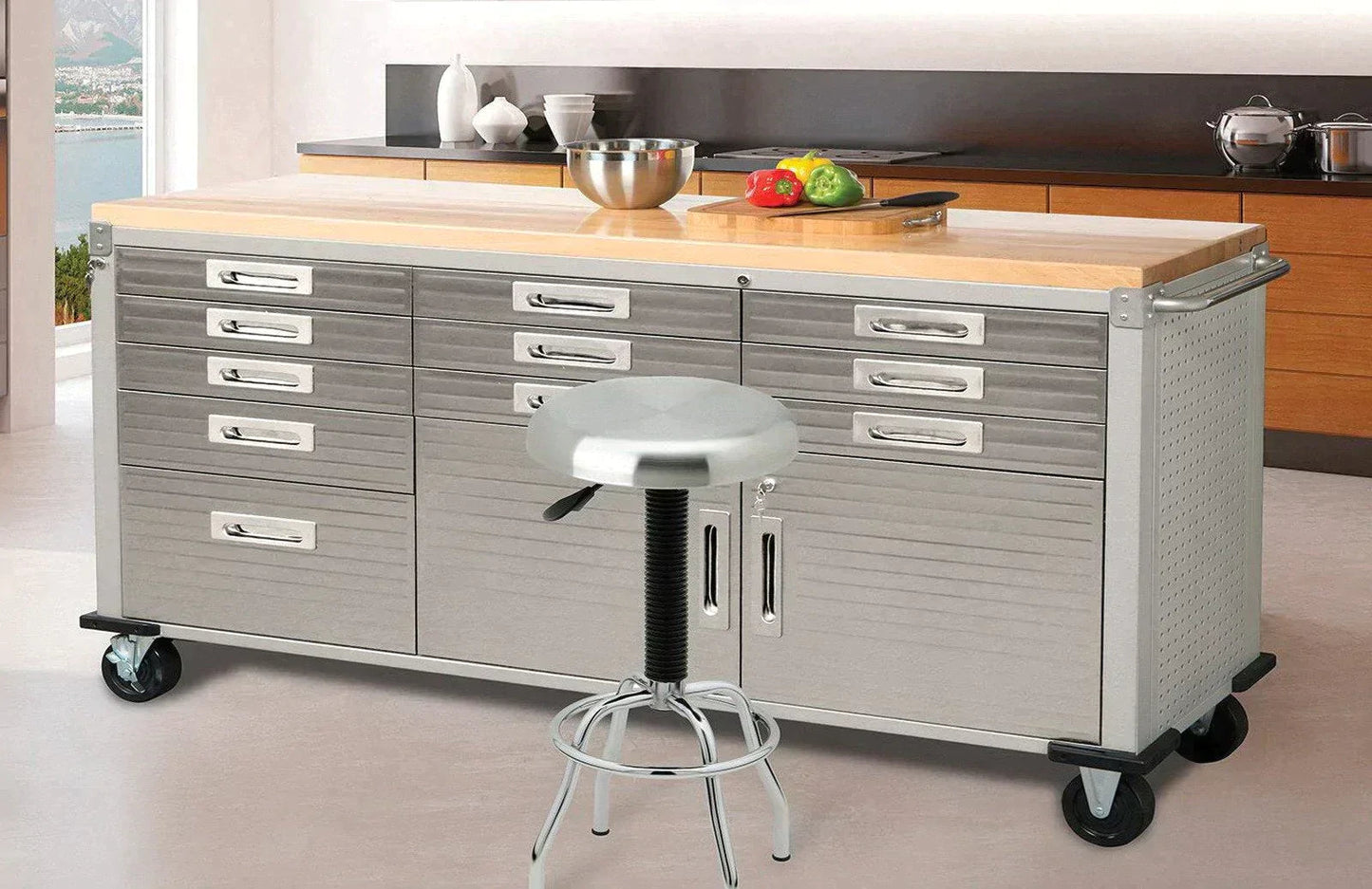 11 Drawer Tool Storage Chest Cabinet Wood Top Workbench Mobile Rolling 2 Door
