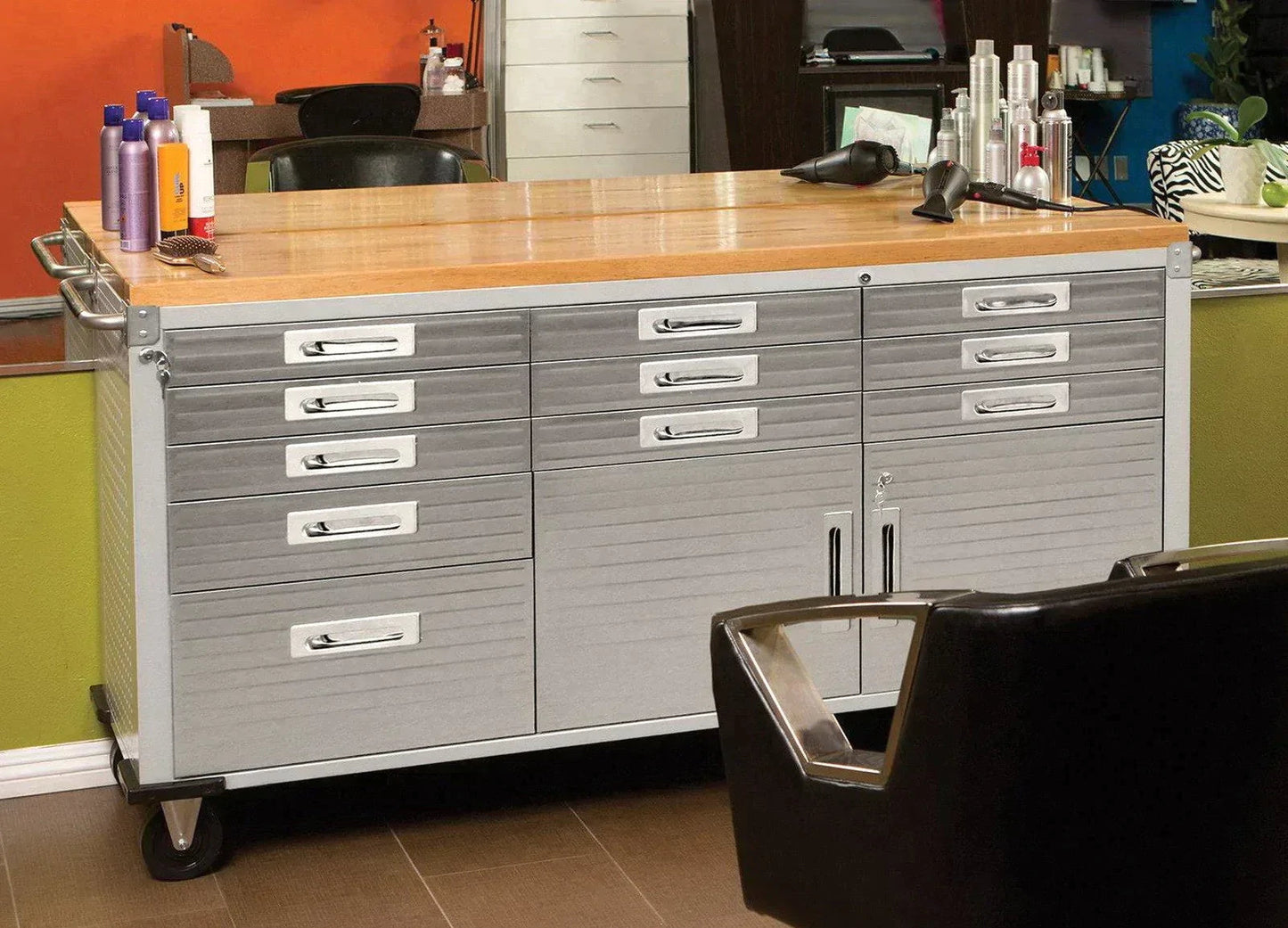 11 Drawer Tool Storage Chest Cabinet Wood Top Workbench Mobile Rolling 2 Door