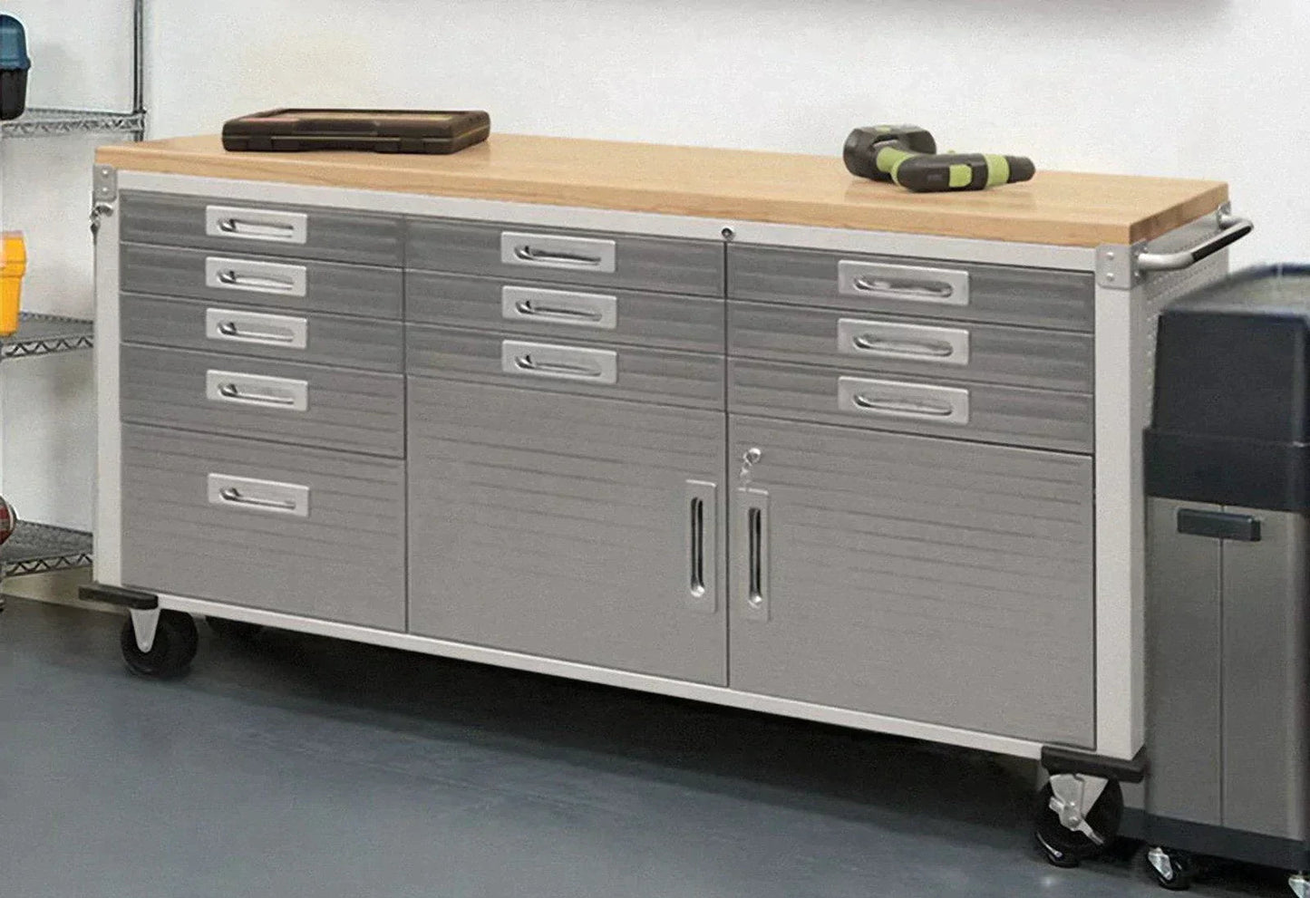 11 Drawer Tool Storage Chest Cabinet Wood Top Workbench Mobile Rolling 2 Door