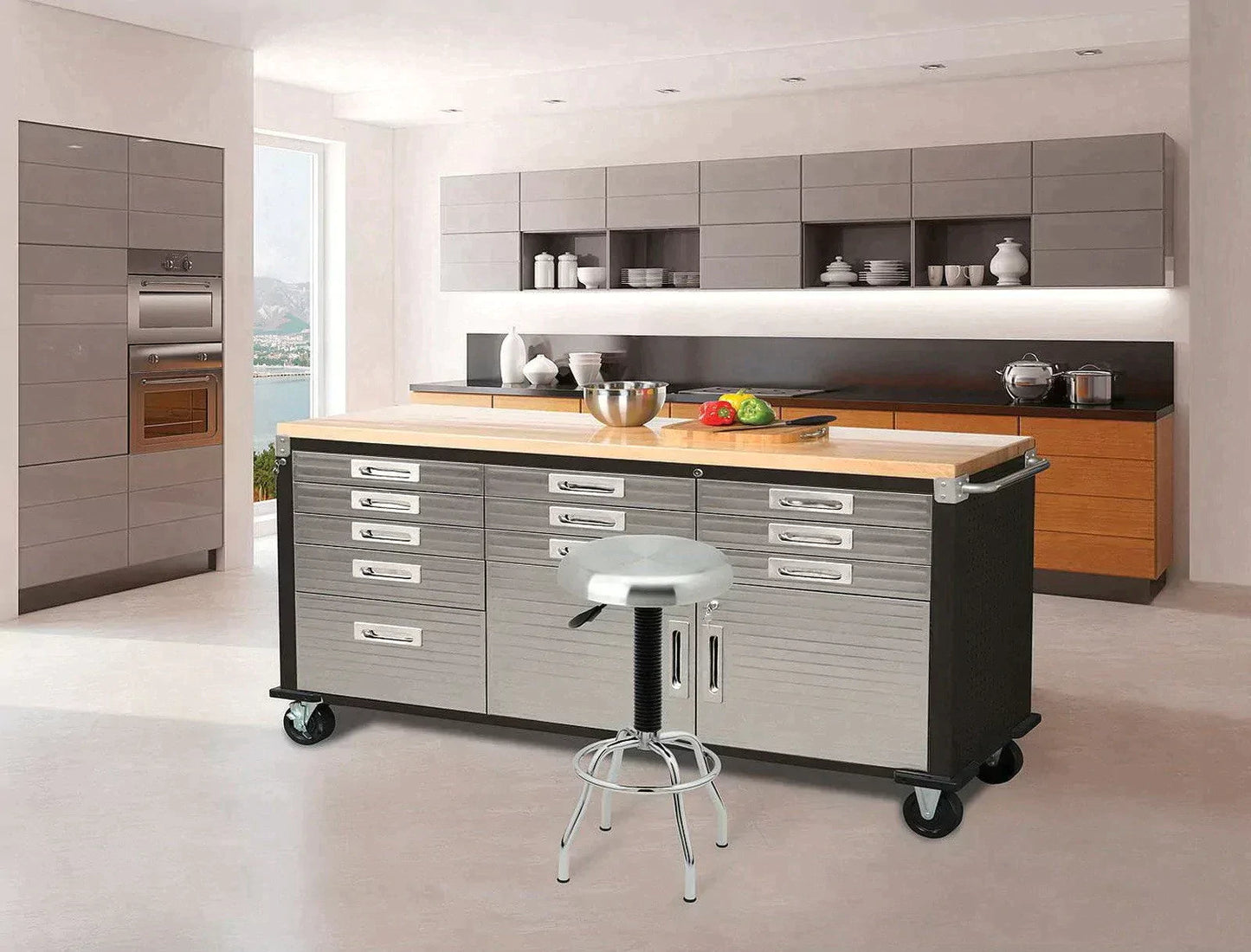 11 Drawer Tool Storage Chest Cabinet Wood Top Workbench Mobile Rolling 2 Door
