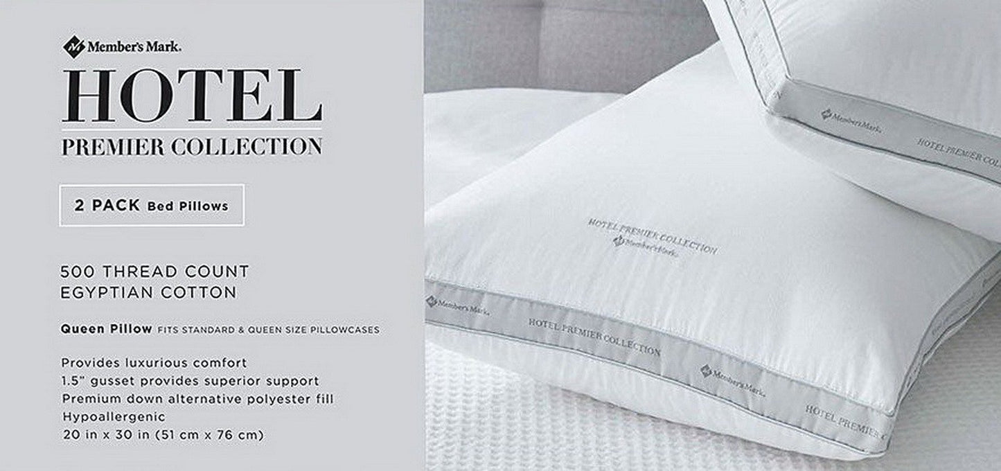 King Queen Size Bed Pillow 2 Pack 500 Thread Count Cotton Down Alternative Fill