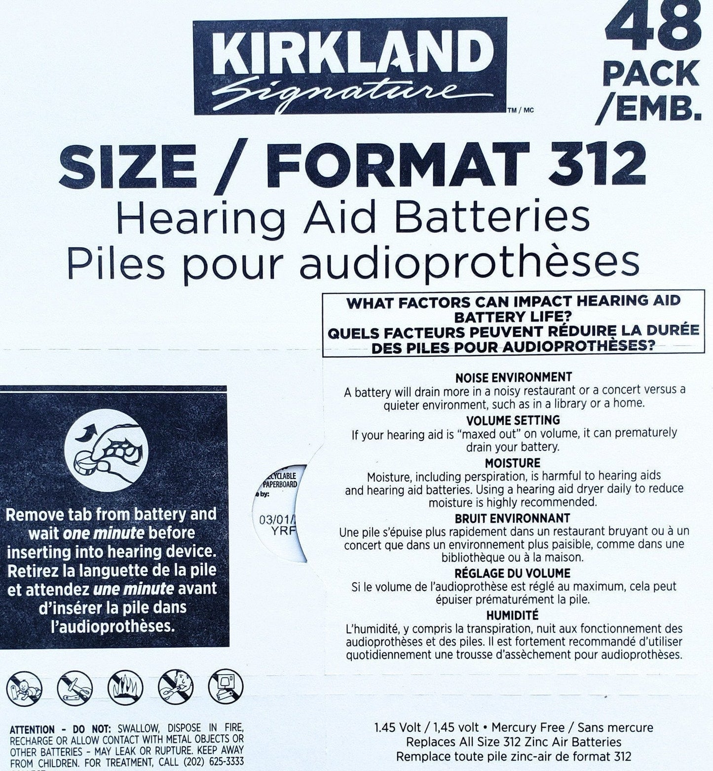 Kirkland Hearing Aid Battery Size 10 13 312 or 675 Zinc-Air Premium Batteries