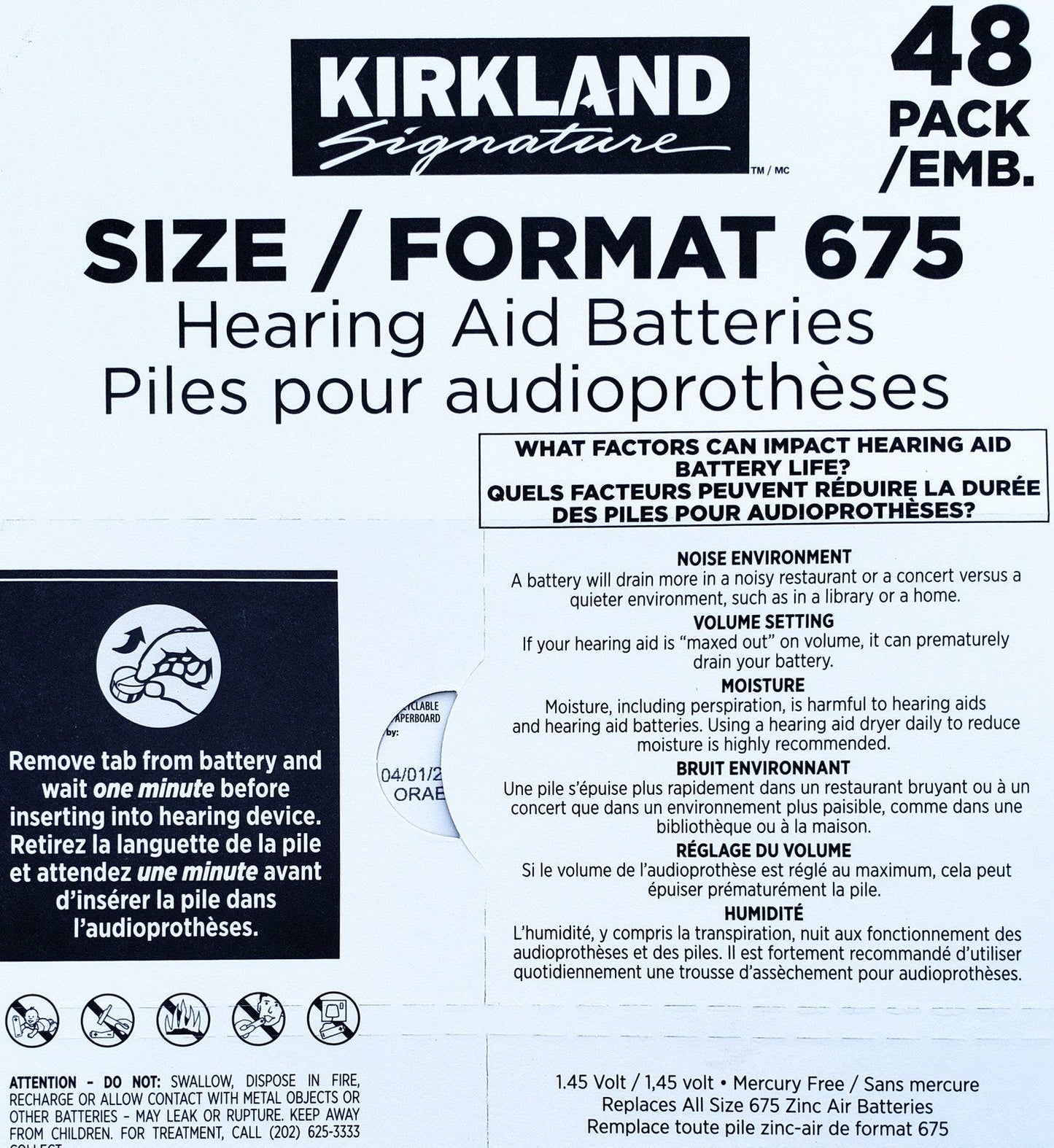 Kirkland Hearing Aid Battery Size 10 13 312 or 675 Zinc-Air Premium Batteries