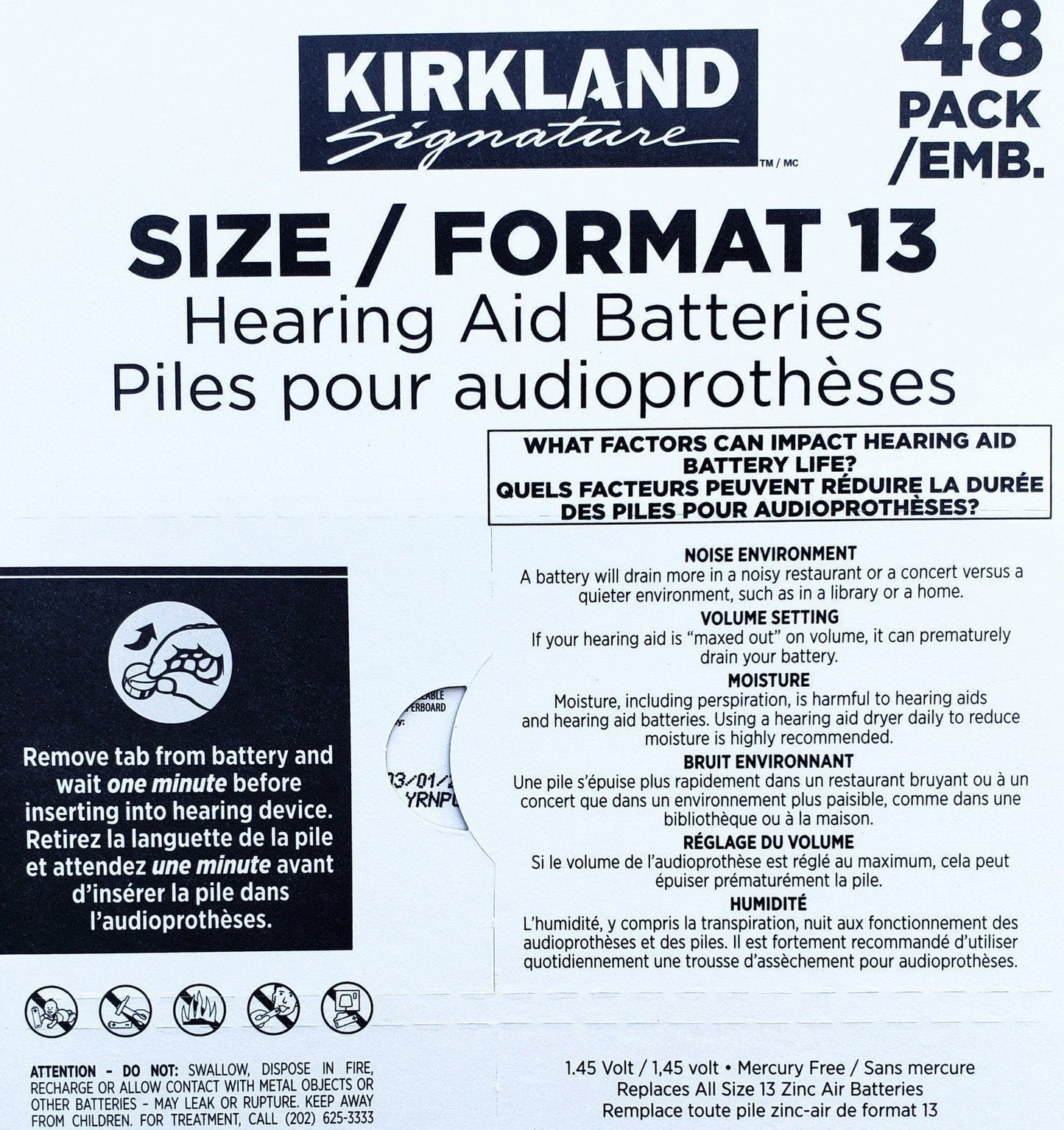 Kirkland Hearing Aid Battery Size 10 13 312 or 675 Zinc-Air Premium Batteries