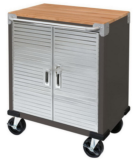 Rolling Tool Chest Stainless Steel 2 Door Metal Storage Cabinet Wood Top