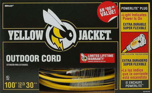 100' Outdoor Extension Cord Lighted Ends Yellow Jacket 15 Amp