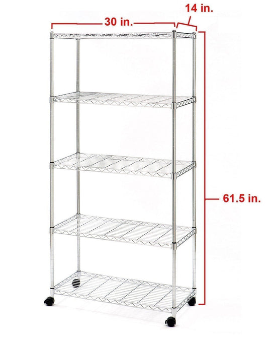 5 Shelf Steel Wire Shelving Storage Rack Heavy Duty Wheels Zinc Plated 30" x 14"