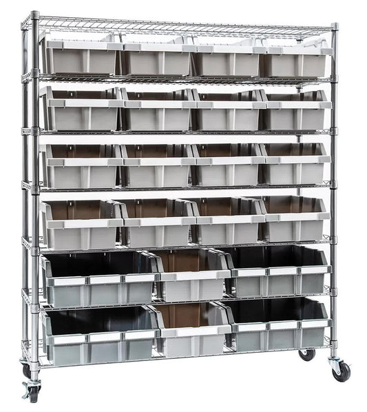 7 Shelf 21 Bin Rack Large 48" Wide Rolling Storage Commercial Storing Shelving