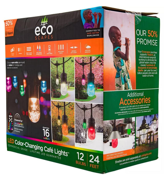 Commercial Outdoor Cafe String Lights 24' 16 Color Changing 12 Bulbs with Remote