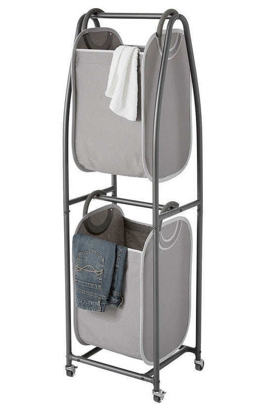 2 Tier Rolling Laundry Hamper Cart Two Bags 56" Tall Metal Frame & Caster Wheels