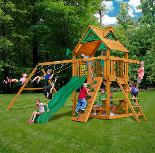 Giant Cedar Wood Playground Play Set Swing Slide Clubhouse Rock Wall