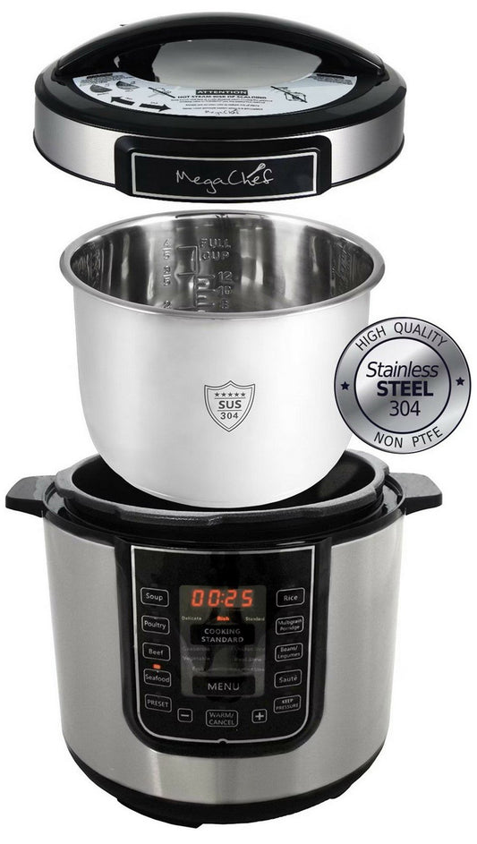 MegaChef 6 Qt Digital Pressure Cooker 1000 Watt Stainless Steel Pot Programmable