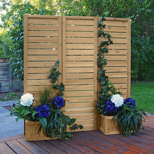 Outdoor Cedar Wood Slat Privacy Screen Hinged Wall Panels with 4 Planters
