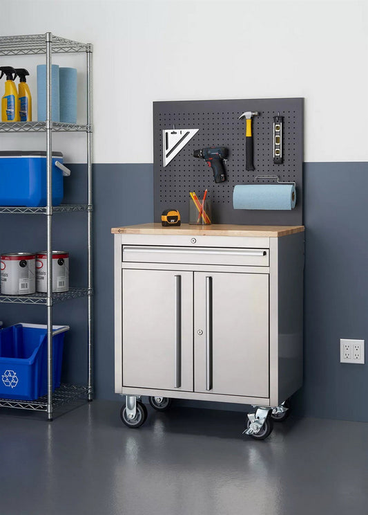 31" Stainless Steel Wood Top Workbench w/ Pegboard Tool Storage Box Work Bench