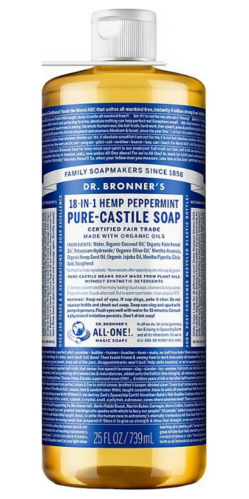 Dr Bronner's 18-in-1 Uses Peppermint Pure Castile Soap Two 25 oz Body Wash