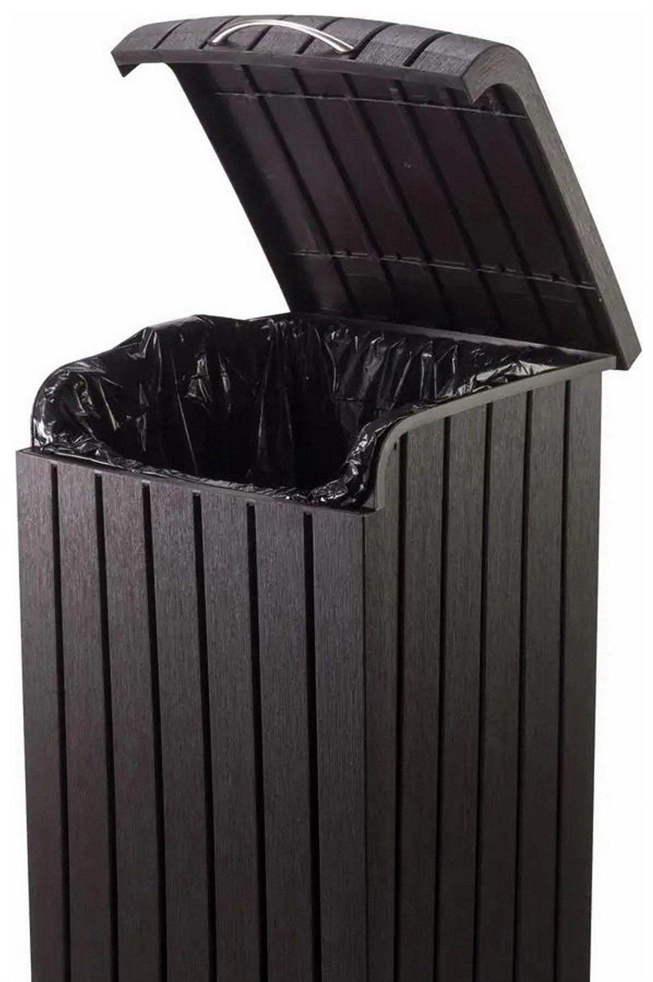 Keter 39 Gallon Indoor Outdoor Trash Can Waste Bin Brown Wood Grain Finish