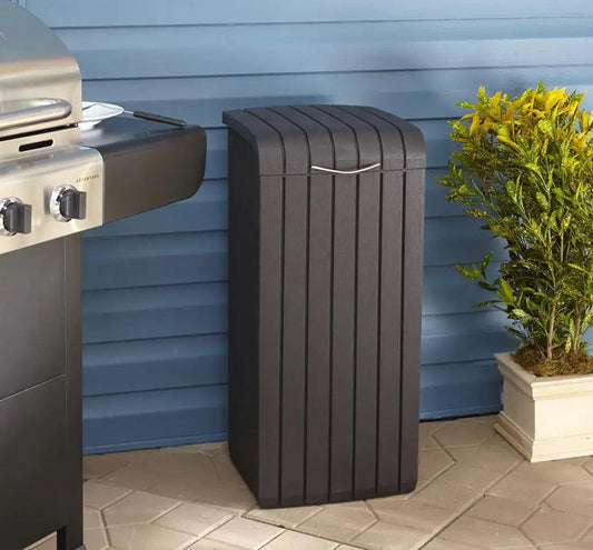 Keter 39 Gallon Indoor Outdoor Trash Can Waste Bin Brown Wood Grain Finish