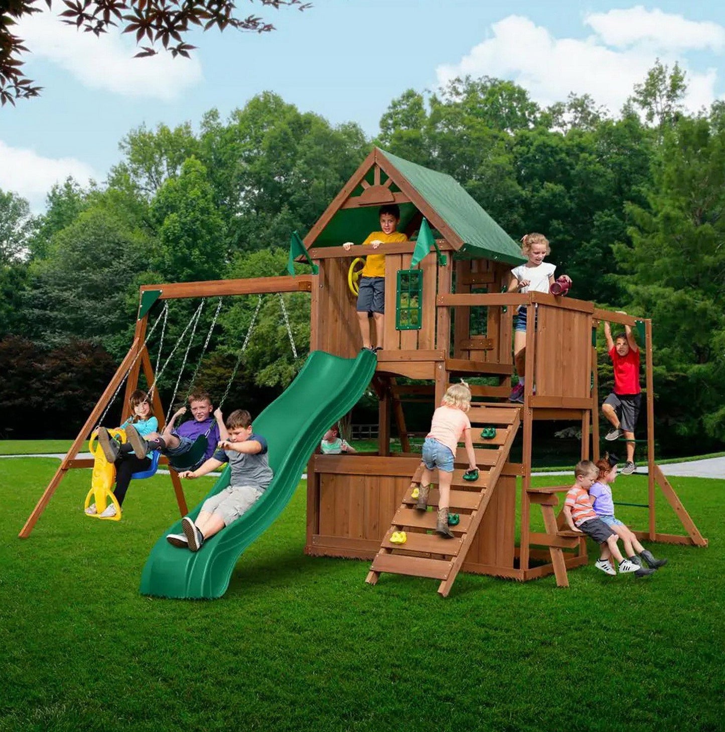 Huge Wooden Outdoor Playset Swing Set Monkey Bars Slide Rock Wall & Accessories