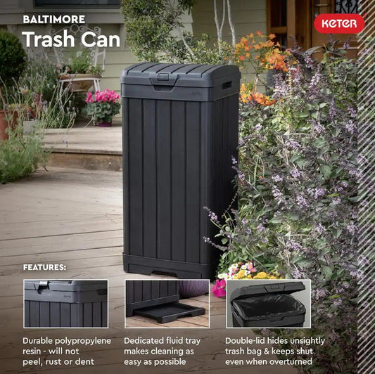 Keter Indoor Outdoor Trash Can 39 Gallon Capacity Waste Bin Wood Grain Finish