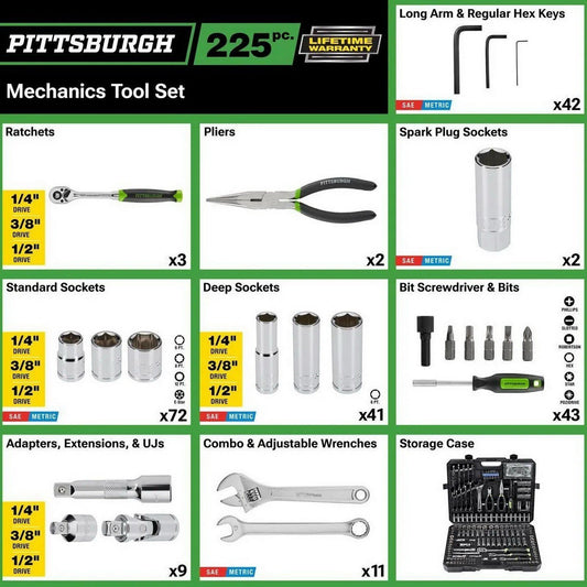 225 pc Piece Mechanic's Tool Set Ratchet Wrench Sockets SAE & Metric