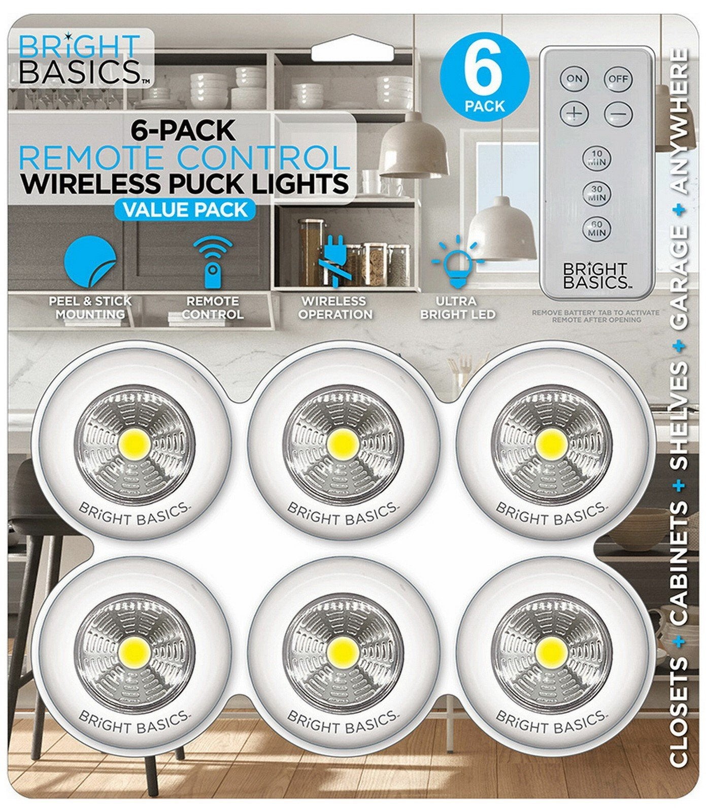 6 Peel and Stick LED Puck Lights Wireless Remote Control 100 Lumens