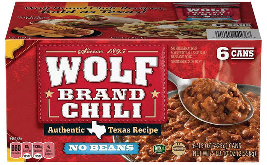 Wolf Brand Beef Chili 15 oz Cans 6 pk Six Pack No Bean Texas #1