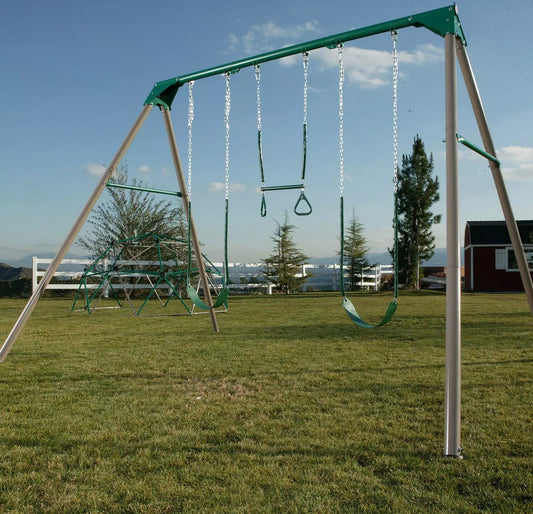 Heavy Duty Steel Swing Set with Trapeze Bar Gym Rings and 2 Belt Swings 10'