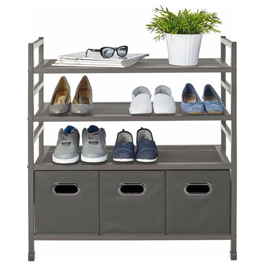 4 Mesh Shelf Stackable Metal Storage Rack with 3 Fabric Bins Shelving Unit