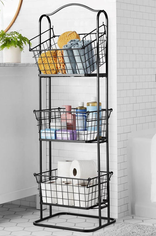 3 Tier Wire Bin Baskets Wrought Iron Fruit Stand Kitchen Bathroom Storage Rack