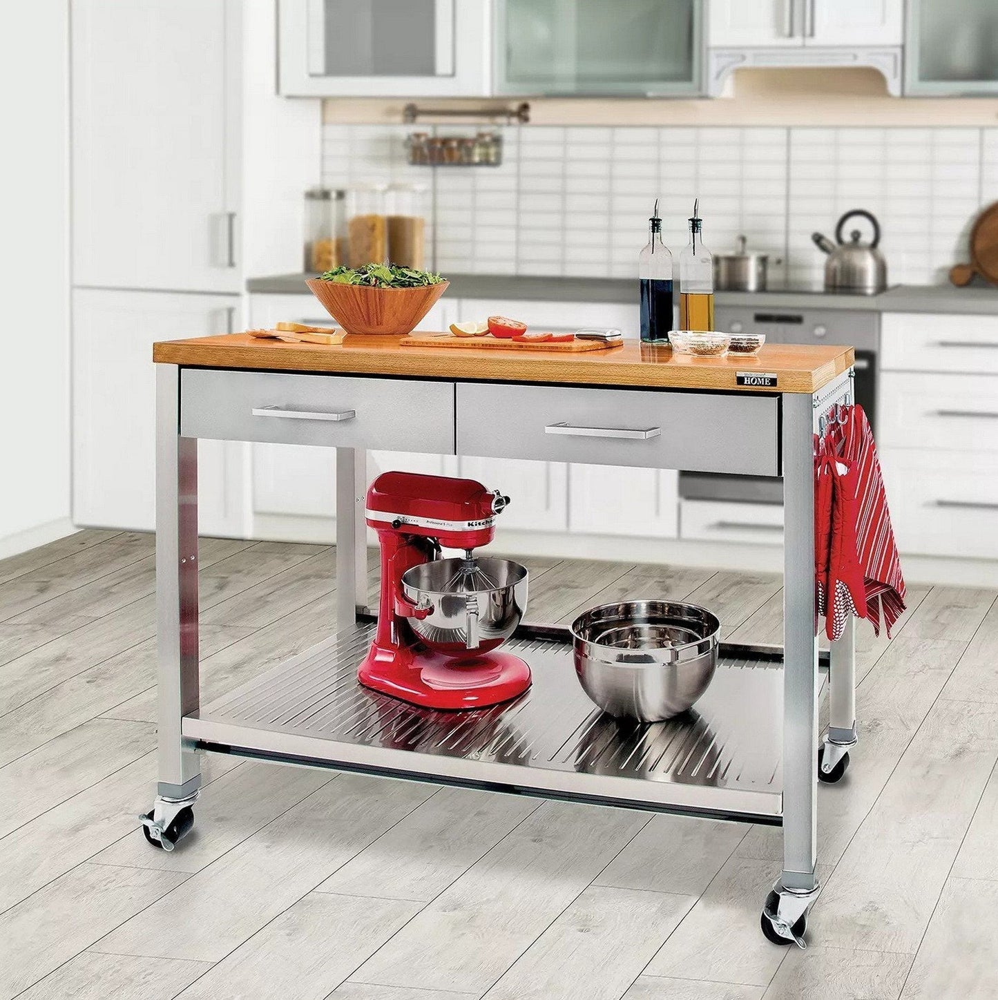 Wood Top Kitchen Island Cart Prep Table Two Drawer Steel Shop Desk Work Center