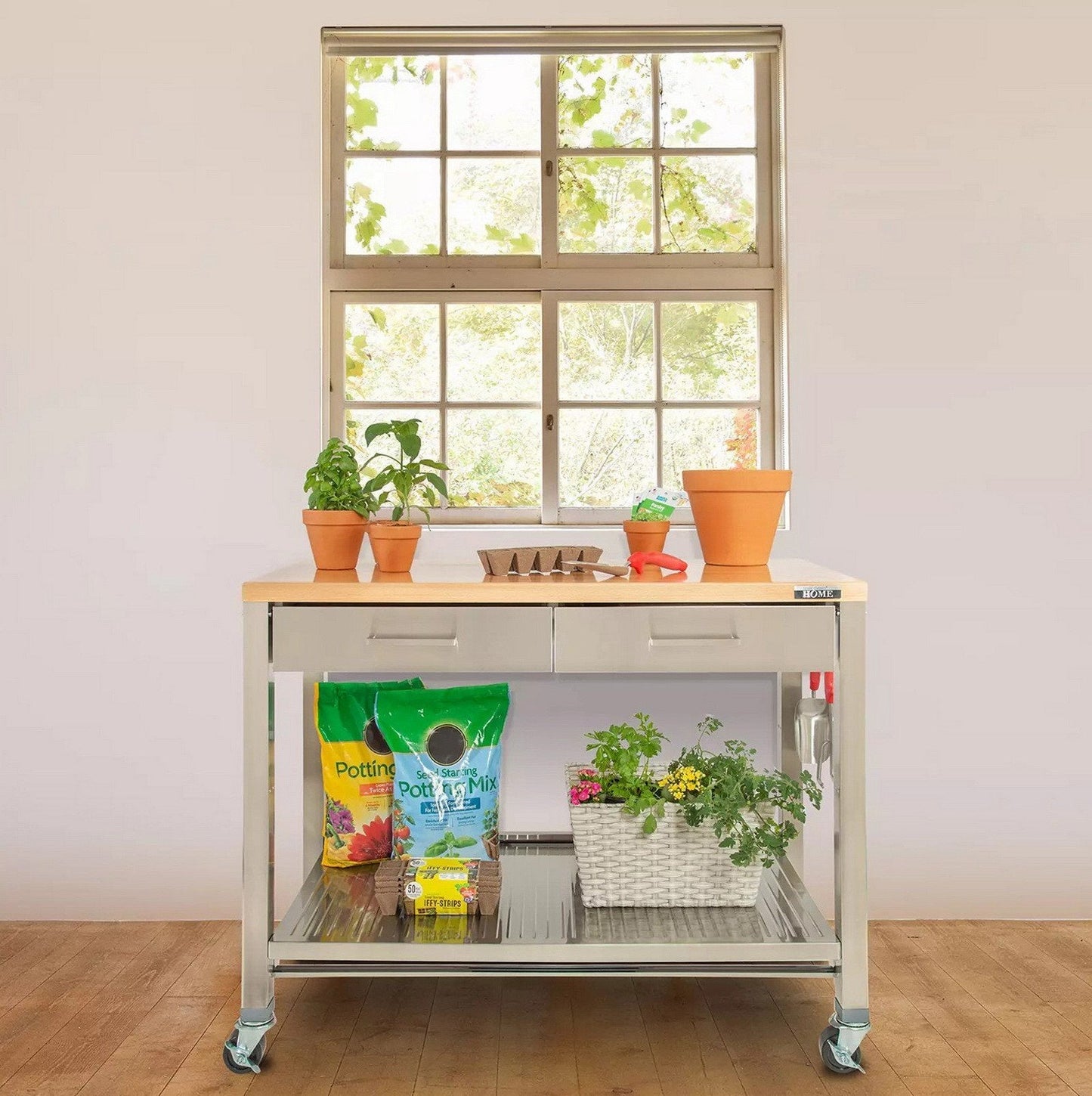 Wood Top Kitchen Island Cart Prep Table Two Drawer Steel Shop Desk Work Center