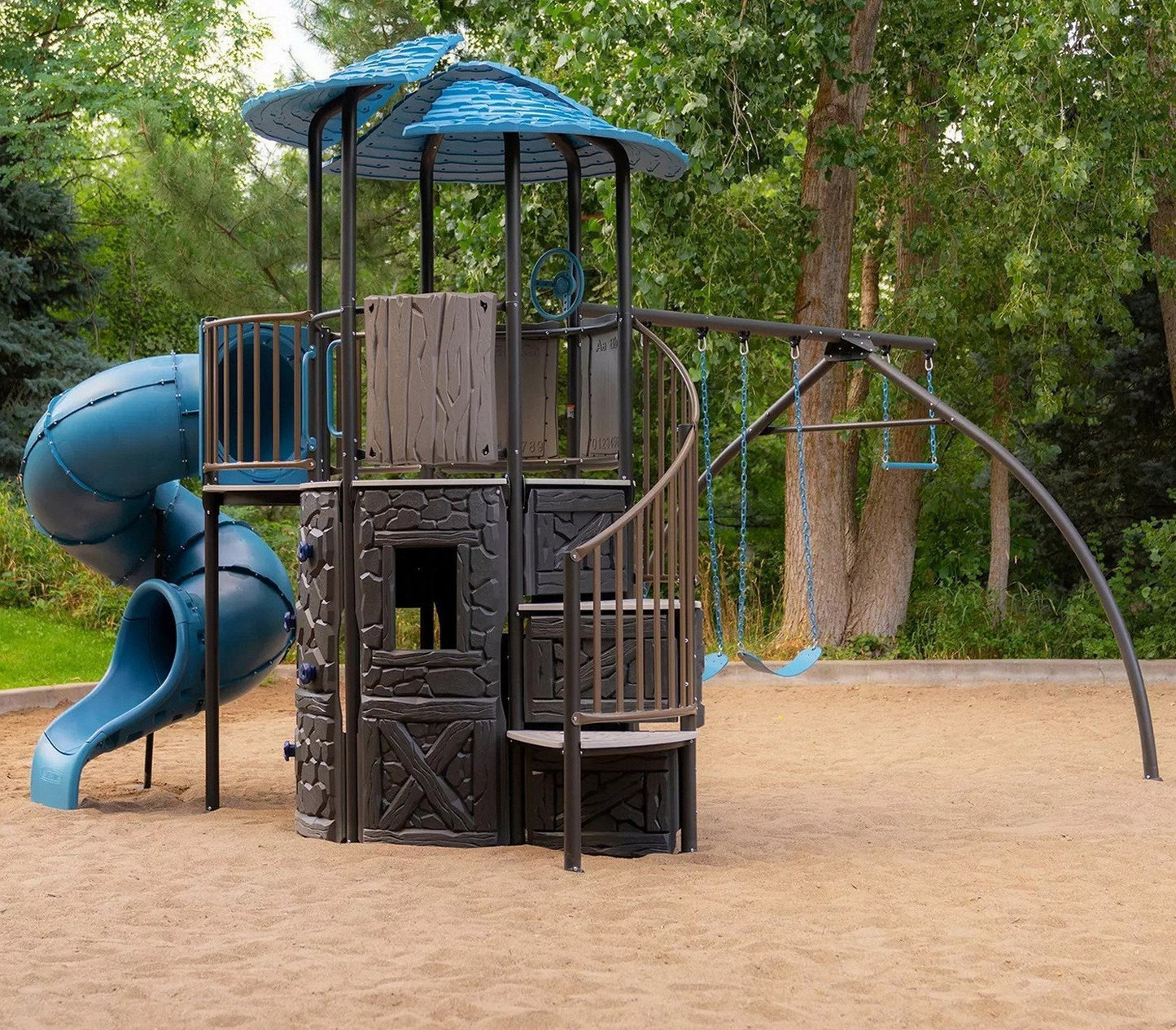 Huge Castle Clubhouse Playground Playset with Swing Spiral Slide Climbing Wall