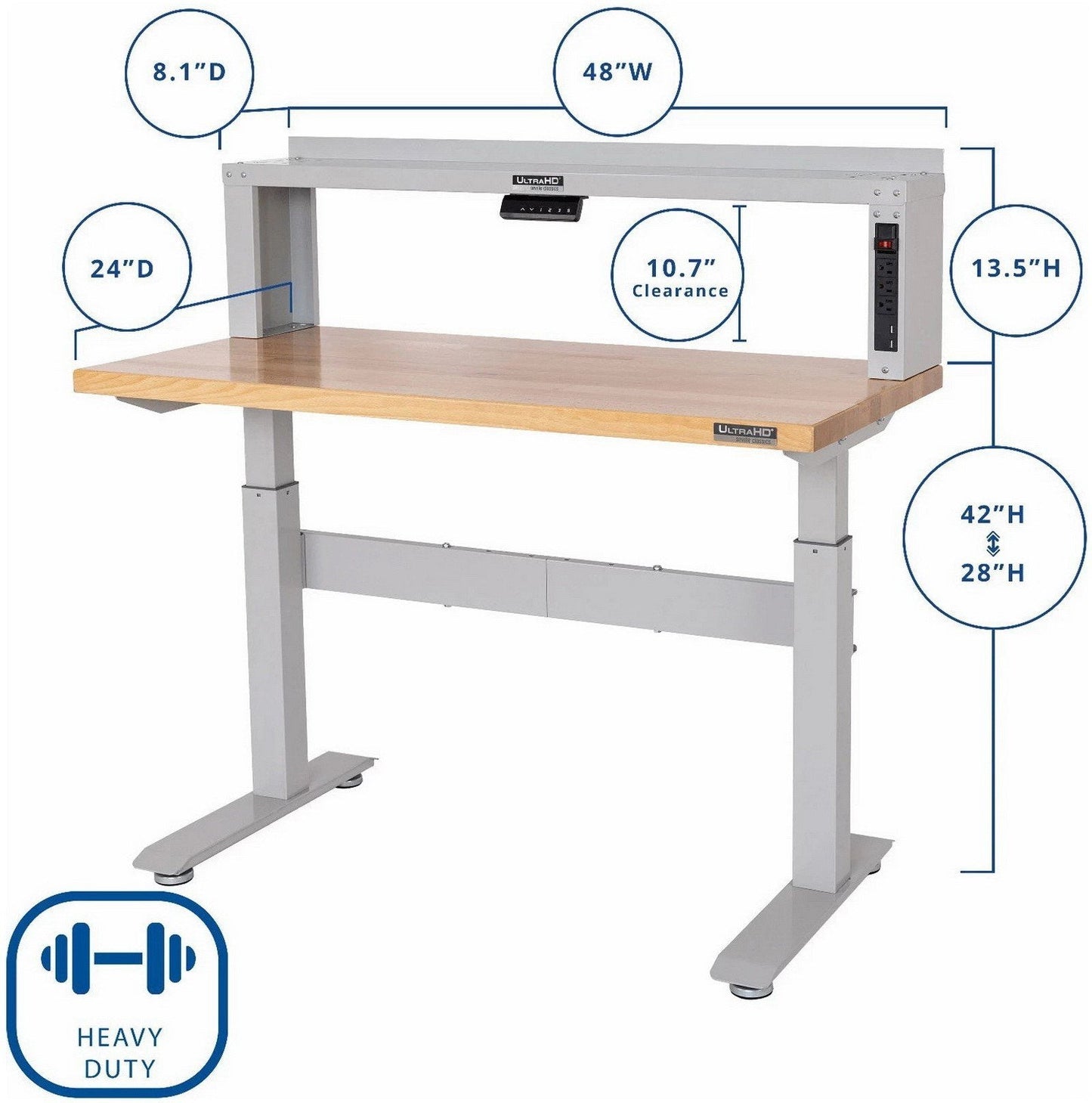 Adjustable Height Electric Workbench Work Table Bench 48" x 24" Solid Wood Top
