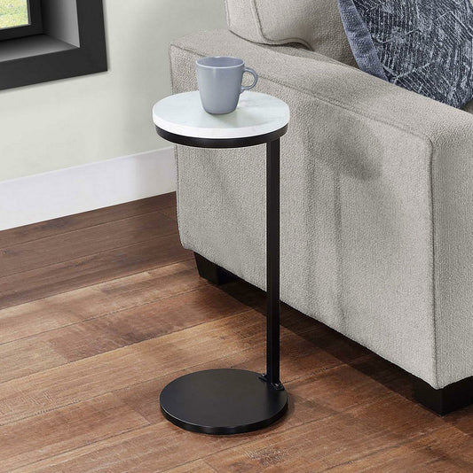 Set of 2 Slick Round Side Tables Faux Marble Top Black Metal Base 24" Tall x 10"