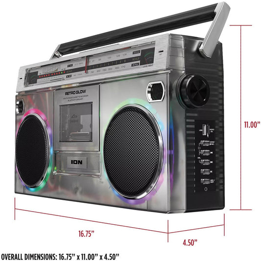 ION Audio Boombox with Bluetooth Cassette AM/FM Radio & Multi Color LED Lights