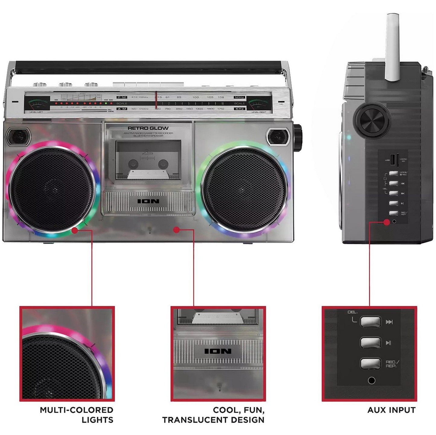 ION Audio Boombox with Bluetooth Cassette AM/FM Radio & Multi Color LED Lights