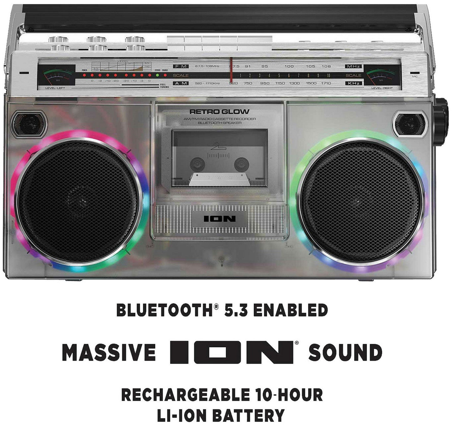 ION Audio Boombox with Bluetooth Cassette AM/FM Radio & Multi Color LED Lights