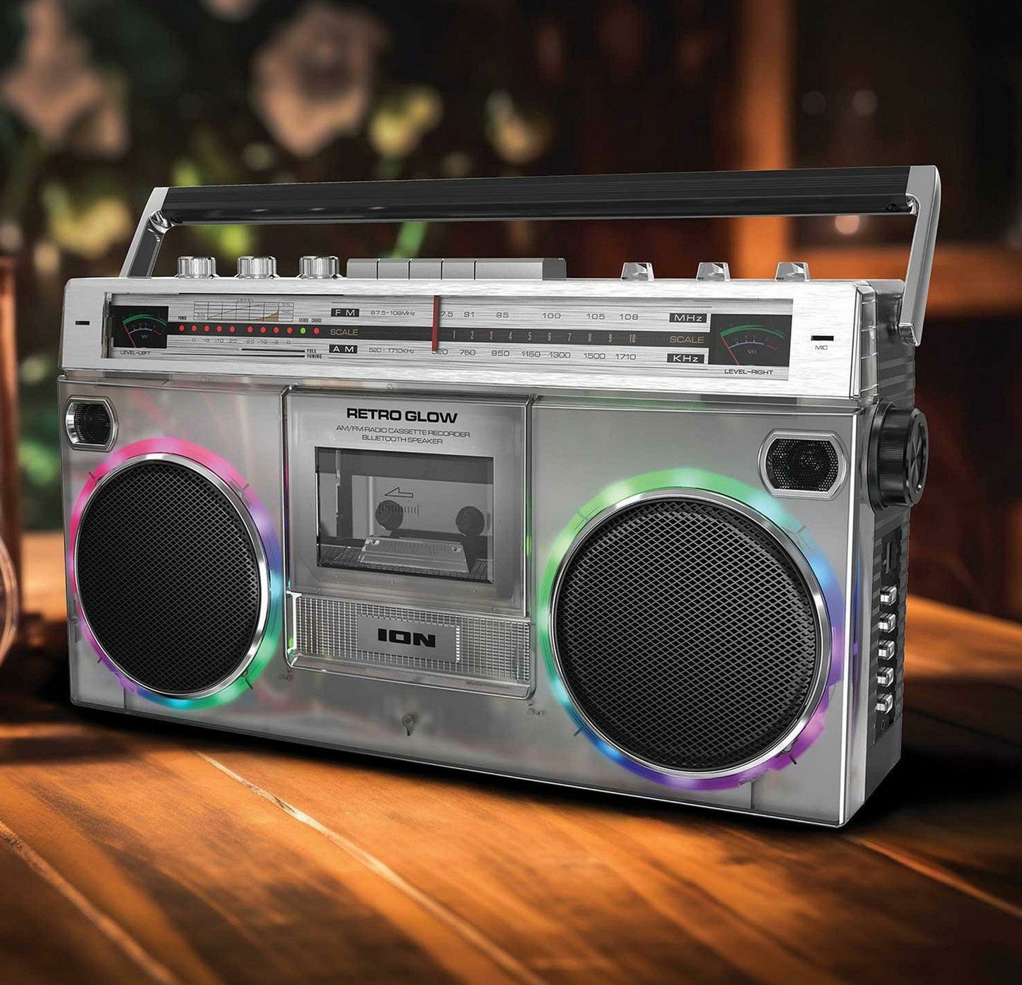 ION Audio Boombox with Bluetooth Cassette AM/FM Radio & Multi Color LED Lights