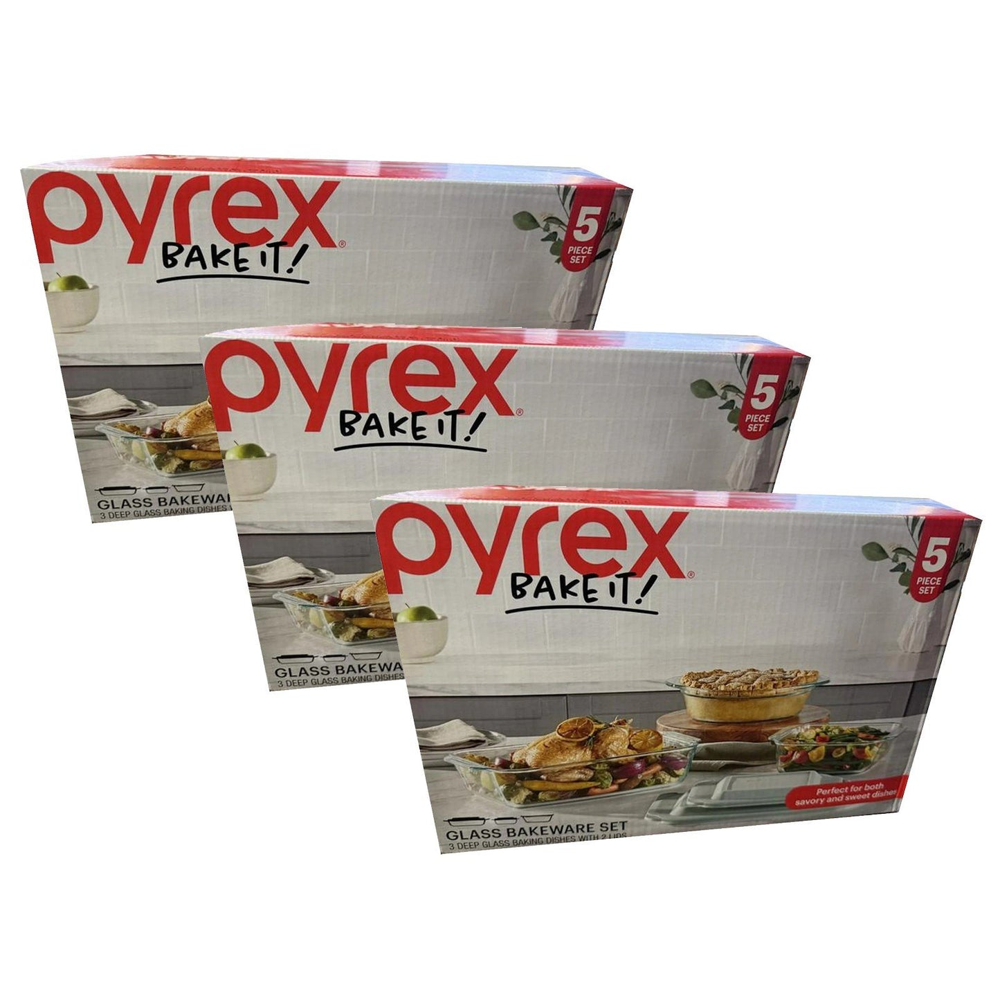 Pyrex 5 Piece Glass Baking Dish Round and Square with Lids Extra Deep Size