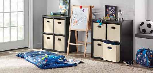 Wood Storage Shelves Unit Organizer Room Divider 8 Fabric Cube Bins Bookcase