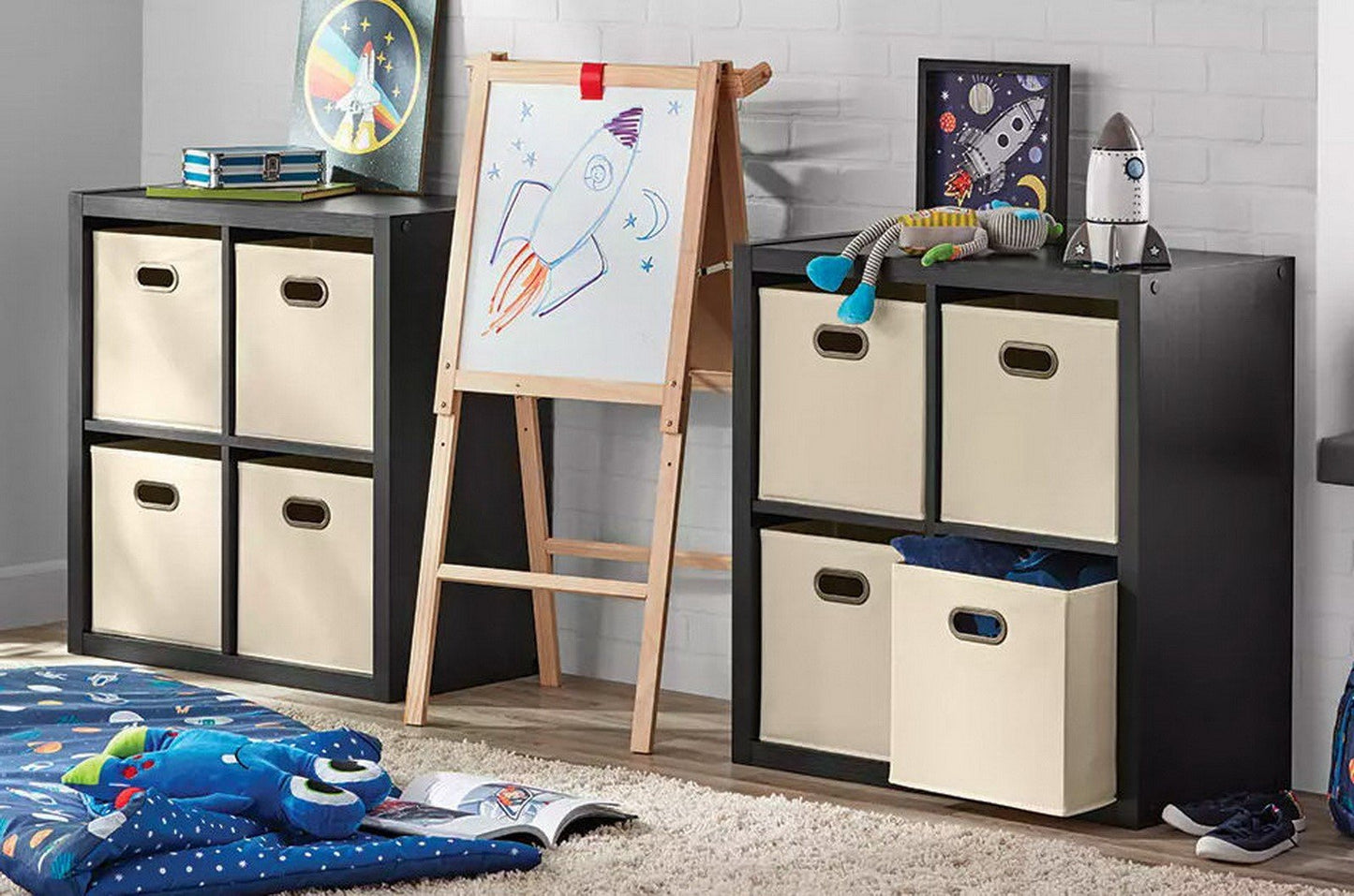 Wood Storage Shelves Unit Organizer Room Divider 8 Fabric Cube Bins Bookcase