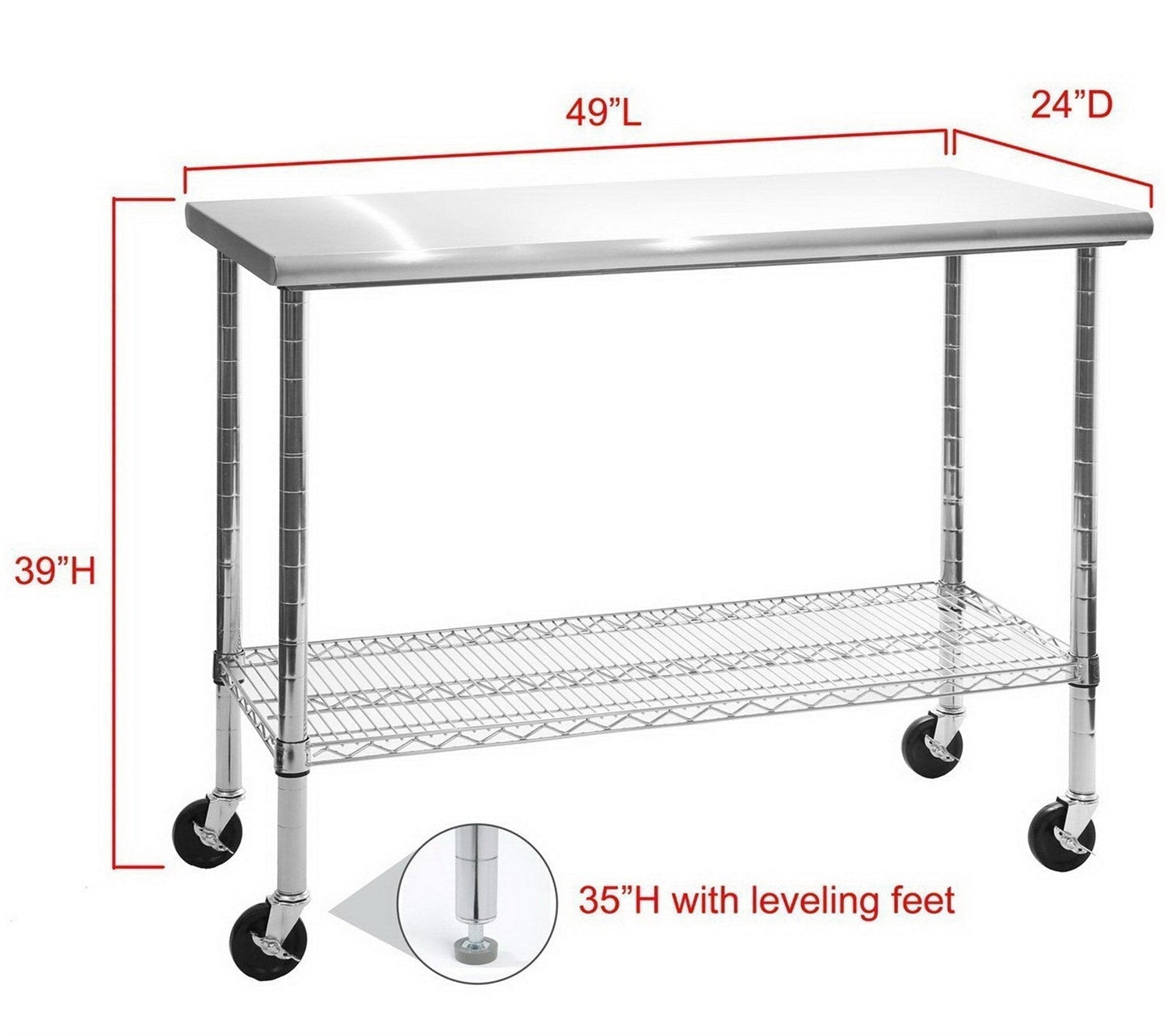 Rolling Stainless Steel Top Work Table NSF Metal Kitchen 49" x 24" Locking Wheel