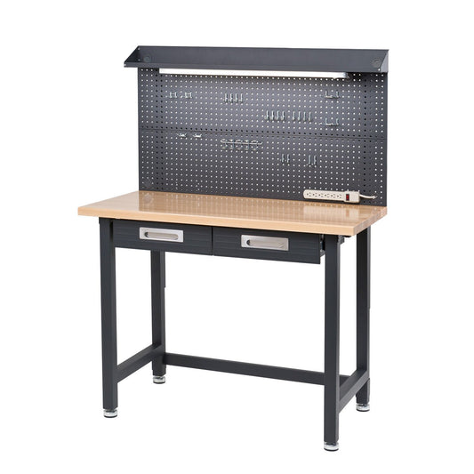 New Hardwood Top Workbench Steel Frame Lighted Wood Work Bench Dark Gray