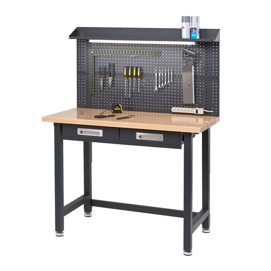 New Hardwood Top Workbench Steel Frame Lighted Wood Work Bench Dark Gray