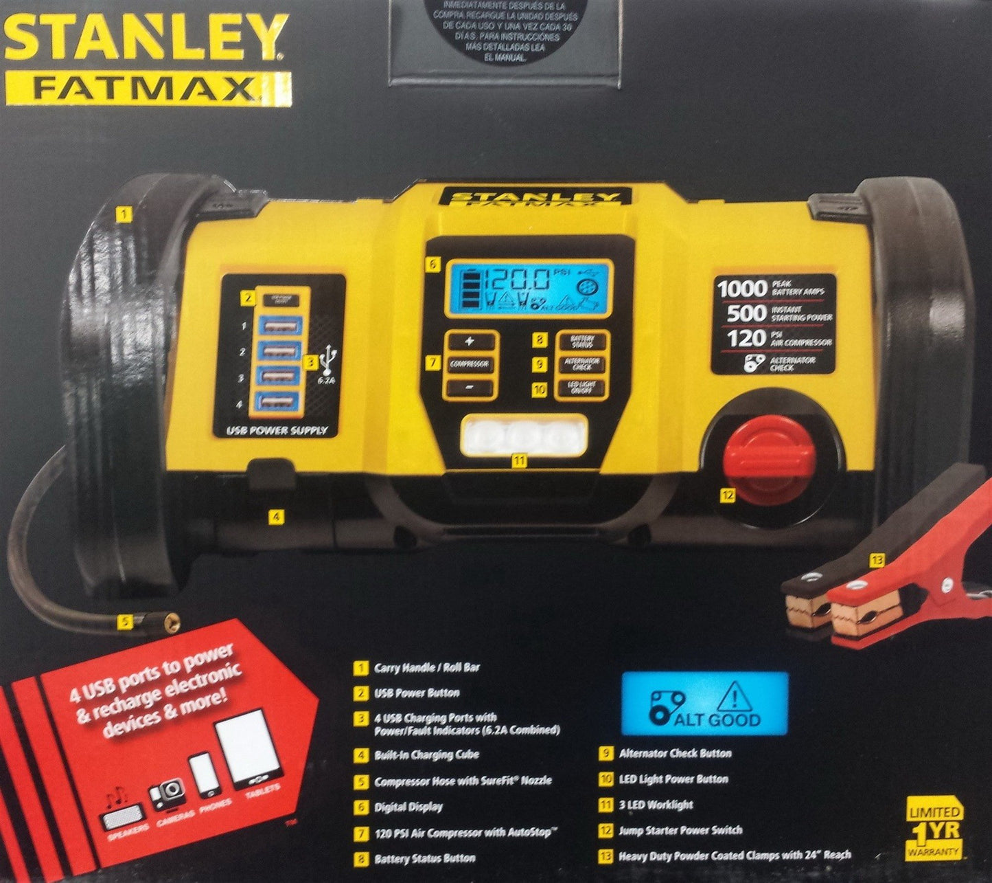 Stanley Fatmax Power Station 12V Jump Starter USB Charger Air Pump 1000 Peak Amp