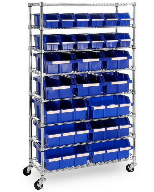 Bin Rack Rolling Storage Shelving Unit 7 Tier Steel Shelves 24 Plastic Bins